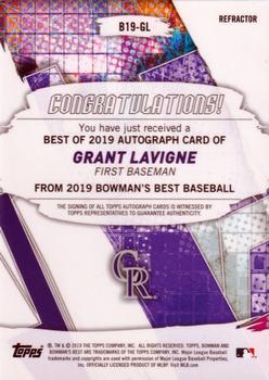 2019 Bowman's Best - Best of 2019 Autographs Refractor #B19-GL Grant Lavigne Back