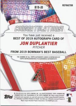 2019 Bowman's Best - Best of 2019 Autographs Refractor #B19-JD Jon Duplantier Back