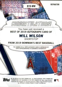 2019 Bowman's Best - Best of 2019 Autographs Refractor #B19-WW Will Wilson Back