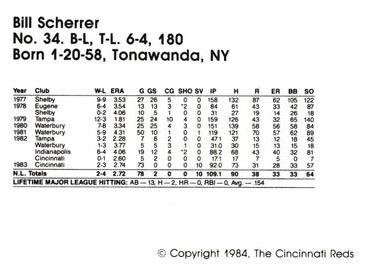 1984 Cincinnati Reds Yearbook Cards #NNO Bill Scherrer Back