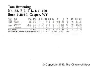1985 Cincinnati Reds Yearbook Cards #NNO Tom Browning Back