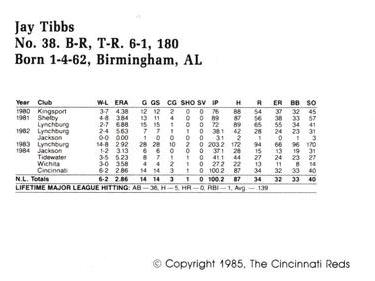 1985 Cincinnati Reds Yearbook Cards #NNO Jay Tibbs Back