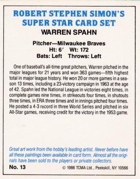 1986 TCMA Simon's Super Stars #13 Warren Spahn Back