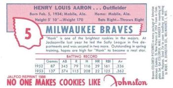 1988 JALFCO 1954 Johnston Cookies Reprints #NNO Hank Aaron Back
