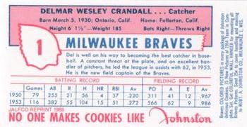 1988 JALFCO 1954 Johnston Cookies Reprints #NNO Del Crandall Back