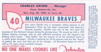 1988 JALFCO 1954 Johnston Cookies Reprints #NNO Charlie Grimm Back