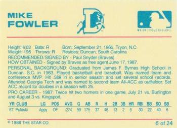 1988 Star Durham Bulls Blue Border #6 Mike Fowler Back