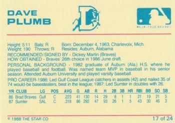 1988 Star Durham Bulls Blue Border #17 Dave Plumb Back