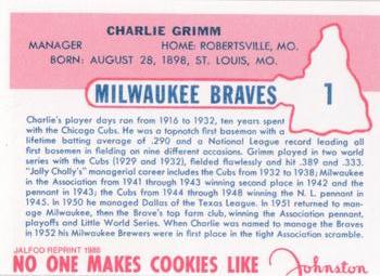 1988 JALFCO 1953 Johnston Cookies Reprints #1 Charlie Grimm Back