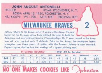 1988 JALFCO 1953 Johnston Cookies Reprints #2 John Antonelli Back