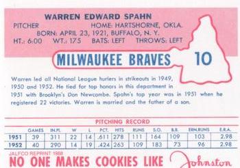 1988 JALFCO 1953 Johnston Cookies Reprints #10 Warren Spahn Back