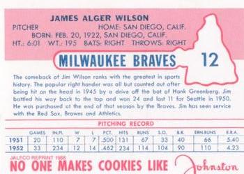 1988 JALFCO 1953 Johnston Cookies Reprints #12 Jim Wilson Back