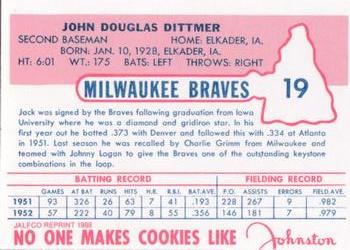 1988 JALFCO 1953 Johnston Cookies Reprints #19 Jack Dittmer Back