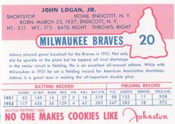 1988 JALFCO 1953 Johnston Cookies Reprints #20 Johnny Logan Back