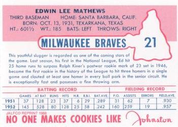 1988 JALFCO 1953 Johnston Cookies Reprints #21 Eddie Mathews Back