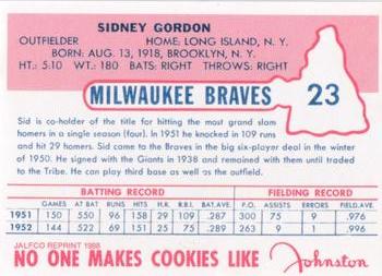 1988 JALFCO 1953 Johnston Cookies Reprints #23 Sid Gordon Back