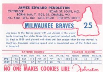 1988 JALFCO 1953 Johnston Cookies Reprints #25 Jim Pendleton Back