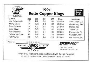 1991 Sport Pro Butte Copper Kings Special Issue #2 Joe Brownholtz / Marty Davis / Paul Paramo / Brad Stuart / Pat Underhill / Robbie McCune / Pat Poyner Back