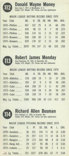 1975 Hostess - Panels #112-114 Don Money / Rick Monday / Dick Bosman Back