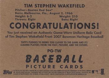 2007 Bowman Heritage - Pieces of Greatness #PG-TW Tim Wakefield Back