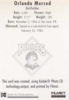 1995 Kodak Pittsburgh Pirates #NNO Orlando Merced Back