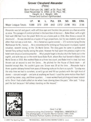 1984 Marketcom Conlon Baseball Immortals #1 Grover Cleveland Alexander Back