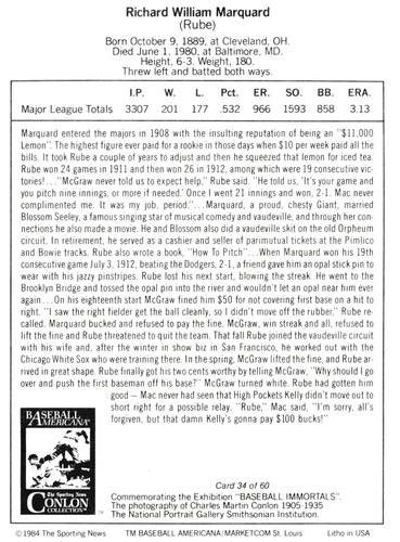 1984 Marketcom Conlon Baseball Immortals #34 Rube Marquard Back