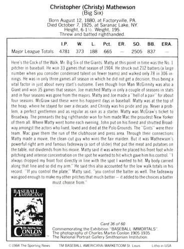 1984 Marketcom Conlon Baseball Immortals #36 Christy Mathewson Back