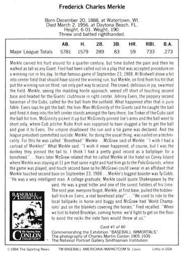 1984 Marketcom Conlon Baseball Immortals #41 Fred Merkle Back