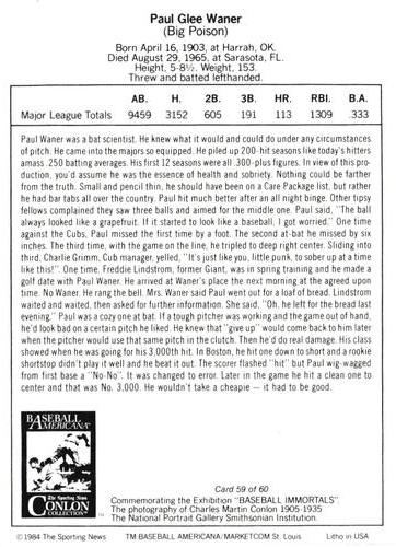 1984 Marketcom Conlon Baseball Immortals #59 Paul Waner Back