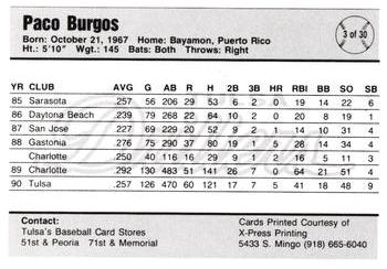1991 Tulsa Drillers #3 Paco Burgos Back