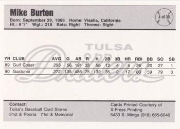 1991 Tulsa Drillers #4 Mike Burton Back