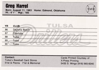 1991 Tulsa Drillers #10 Greg Harrel Back