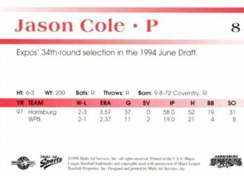 1998 Multi-Ad Harrisburg Senators #8 Jason Cole Back