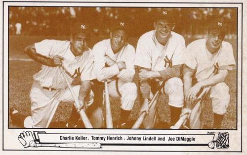 1983 TCMA Play Ball Postcards #4 Joe DiMaggio / Johnny Lindell / Charlie Keller / Tommy Henrich Front
