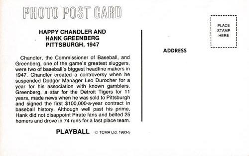 1983 TCMA Play Ball Postcards #5 Happy Chandler / Hank Greenberg Back