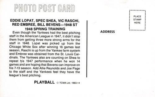 1983 TCMA Play Ball Postcards #14 Eddie Lopat / Spec Shea / Vic Raschi / Red Embree / Bill Bevens Back