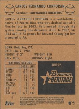 2007 Bowman Heritage - Prospects #BHP22 Carlos Corporan Back