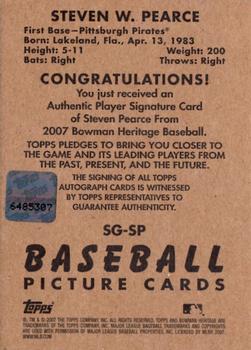 2007 Bowman Heritage - Signs of Greatness #SG-SP Steve Pearce Back