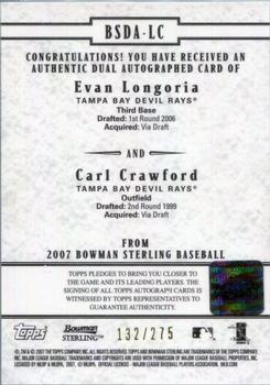 2007 Bowman Sterling - Dual Autographs #BSDA-LC Evan Longoria / Carl Crawford Back