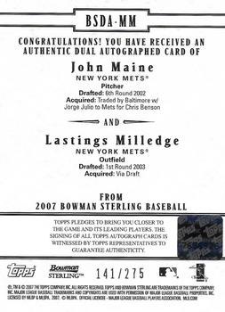 2007 Bowman Sterling - Dual Autographs #BSDA-MM John Maine / Lastings Milledge Back