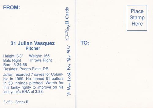 1990 Play II Columbia Mets Postcards #3 Series II Julian Vasquez Back