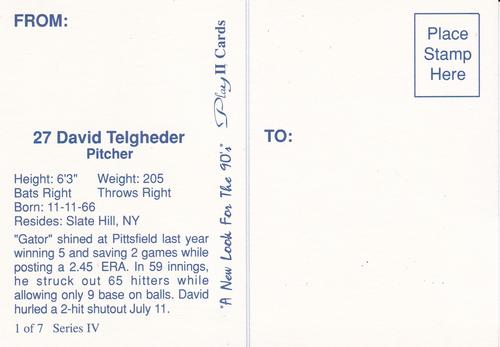 1990 Play II Columbia Mets Postcards #1 Series IV David Telgheder Back