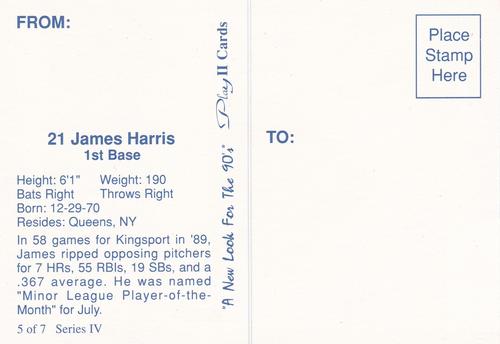 1990 Play II Columbia Mets Postcards #5 Series IV James Harris Back