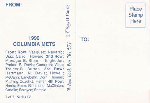 1990 Play II Columbia Mets Postcards #7 Series IV Team Photo Back