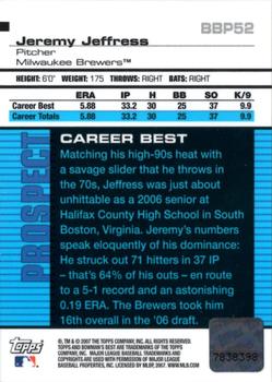 2007 Bowman's Best - Prospects #BBP52 Jeremy Jeffress Back