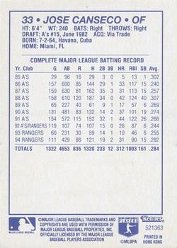 1995 Kenner Starting Lineup Cards Extended Series #521363 Jose Canseco Back