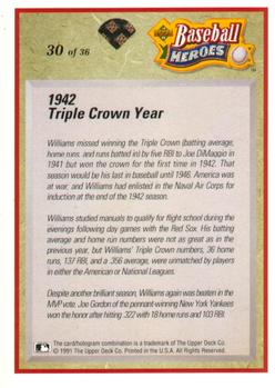 1992 Upper Deck - Baseball Heroes: Ted Williams #30 Ted Williams Back