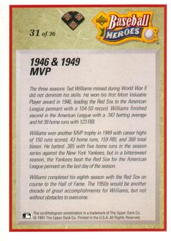1992 Upper Deck - Baseball Heroes: Ted Williams #31 Ted Williams Back