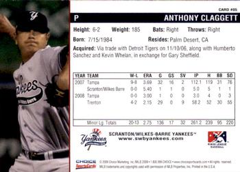 2009 Choice Scranton/Wilkes-Barre Yankees #5 Anthony Claggett Back